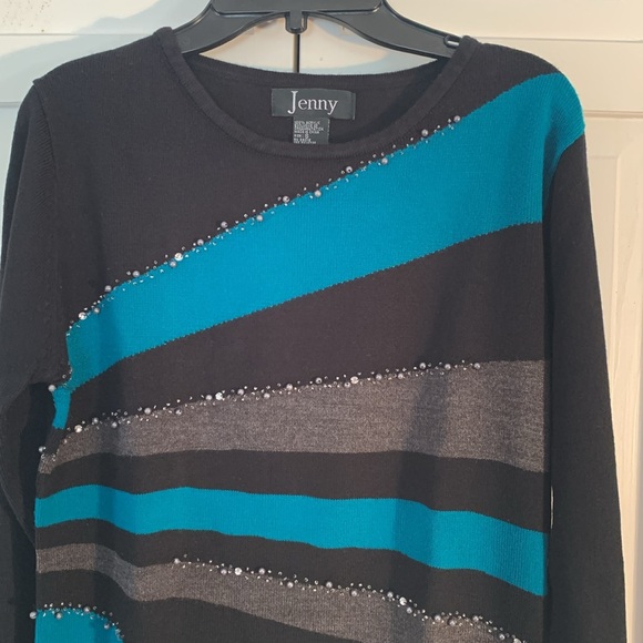 Jenny Sweaters - Jenny Striped Green, Black & Gray Crew Neck Sweater